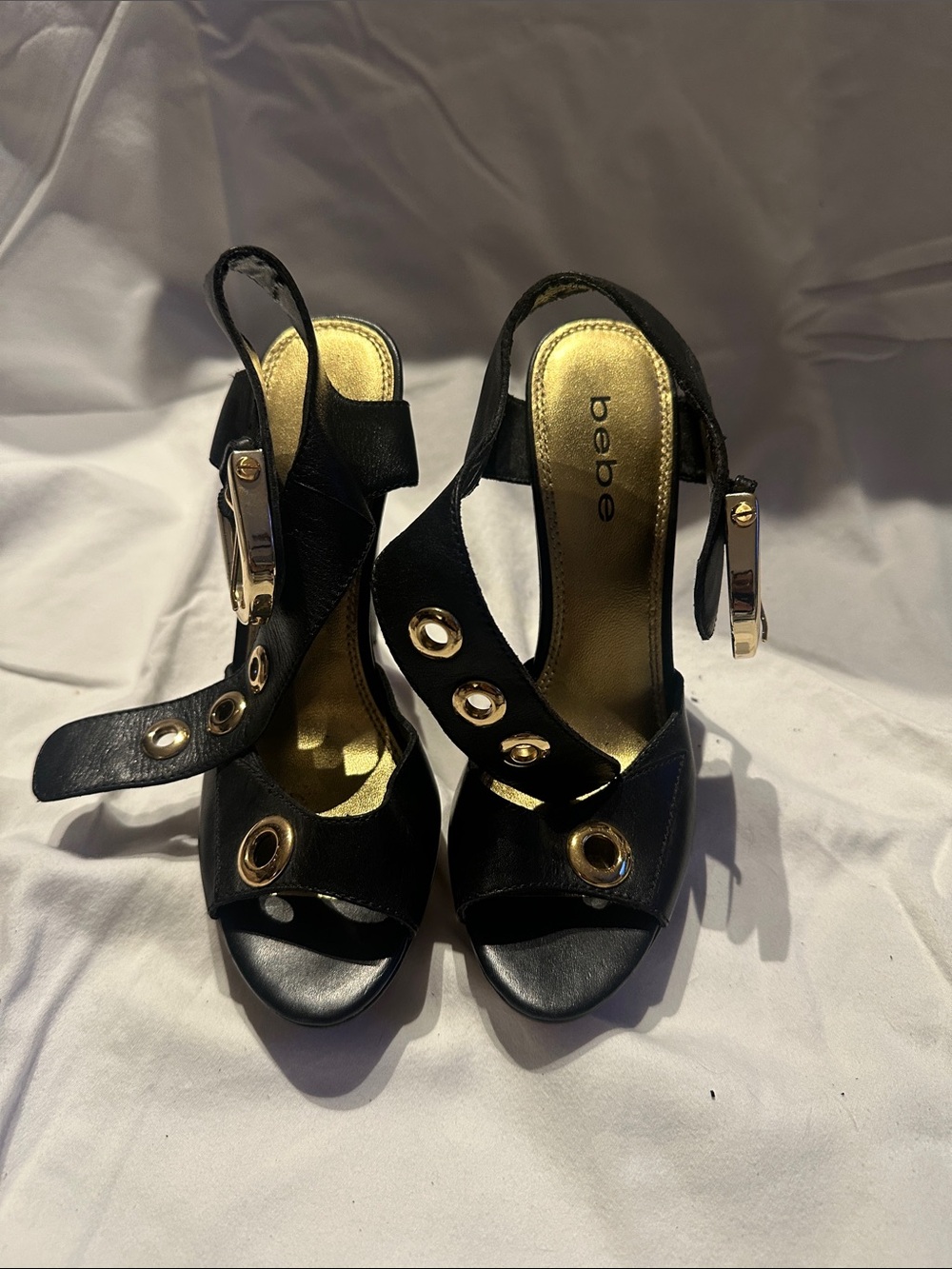 bebe Black Leather Open-Toe Grommet Slingback Heels